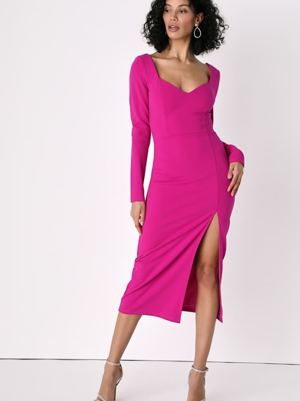 Lulu's Hot Pink Long-Sleeve Sweetheart Midi Dress with Side Slit Size Xs NWT